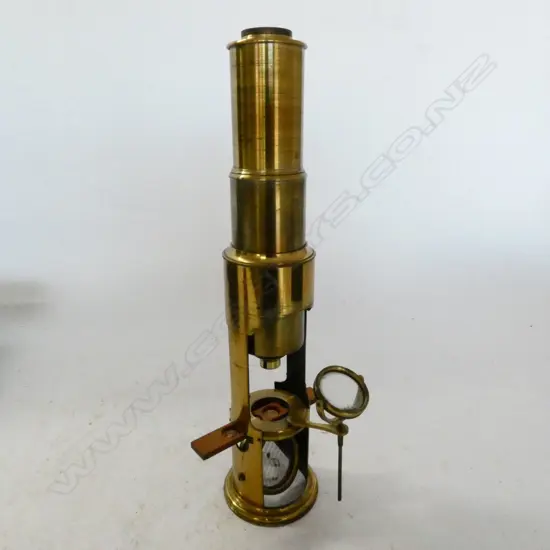 LACQUERED BRASS DRUM MICROSCOPE, c.1850, COMPLETE IN BOX w LENSES, STAGE BULLSEYE, INSECT CLIPS, SLIDES, ETC.